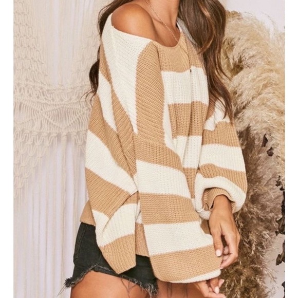 New Beige Textured Stripe Sweater - Picture 3 of 7